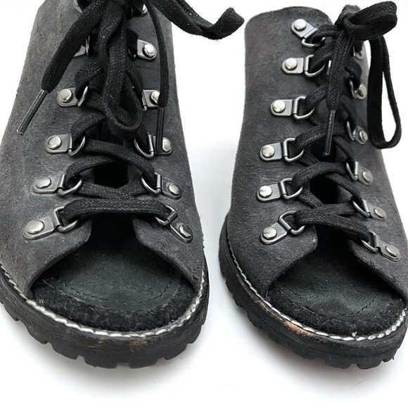 Woolrich Suede Lace Up Open Toe Heel Clog Mules Metal Rings Steampunk Cosplay - Picture 7 of 16